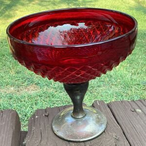 Vintage Ruby Red Diamond Point Compote on Silverplate Pedestal Candy Dish